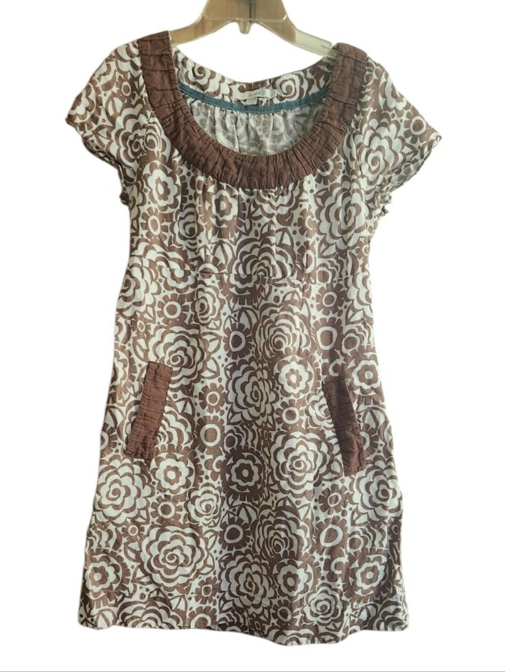Boden Brown and Cream Floral Short Sleeve Dress Ruched Neckline